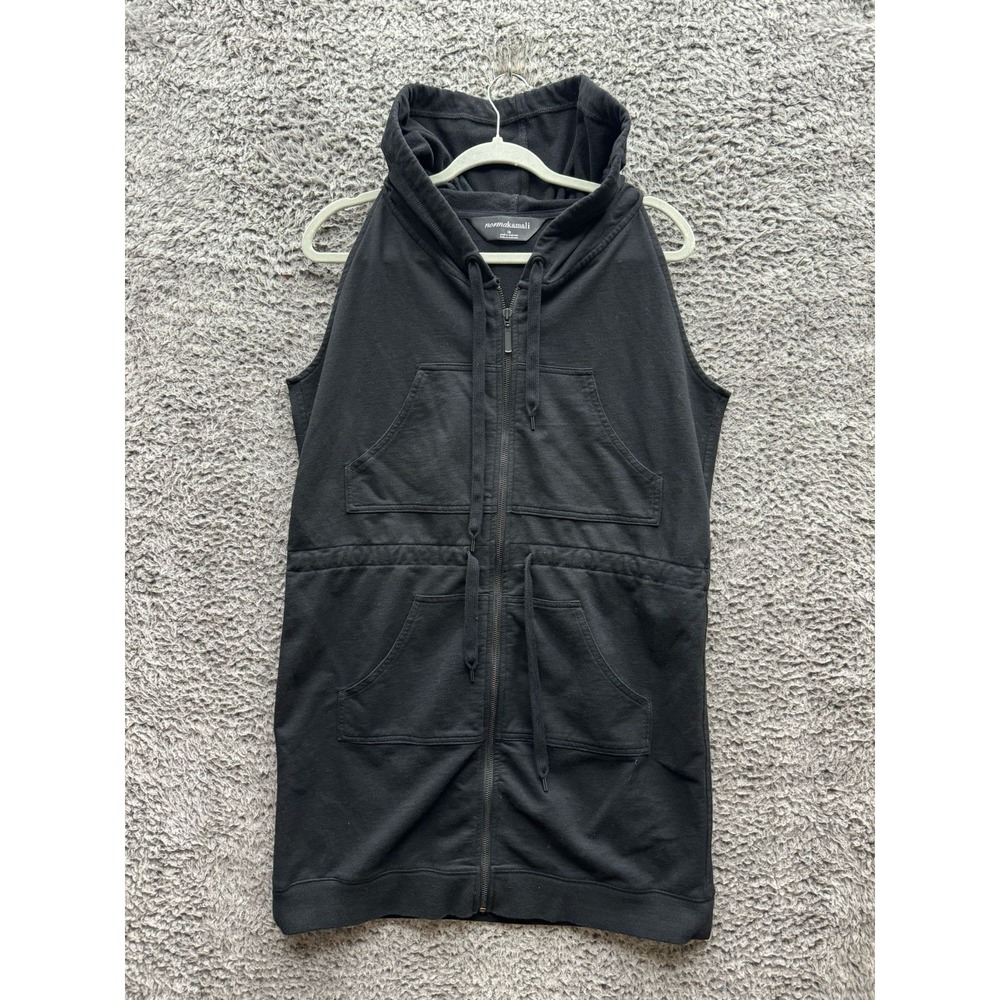 Norma Kamali Full Zip Sleeveless Tunic Hooded Vest Dress Black Womens Size L